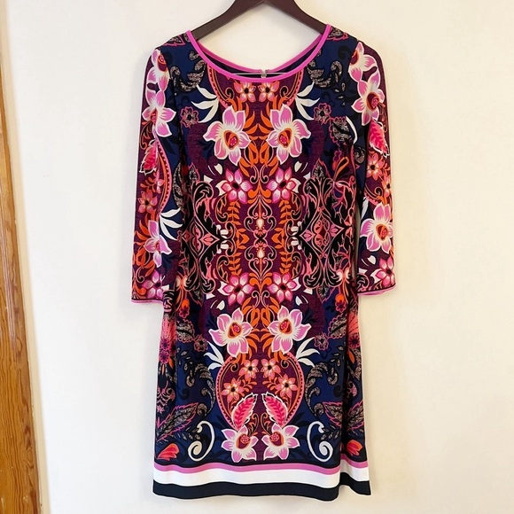 Eliza J Hot Pink Floral Shift Dress 3/4 Sleeves Knee Length Lined Size 12 - Picture 1 of 9